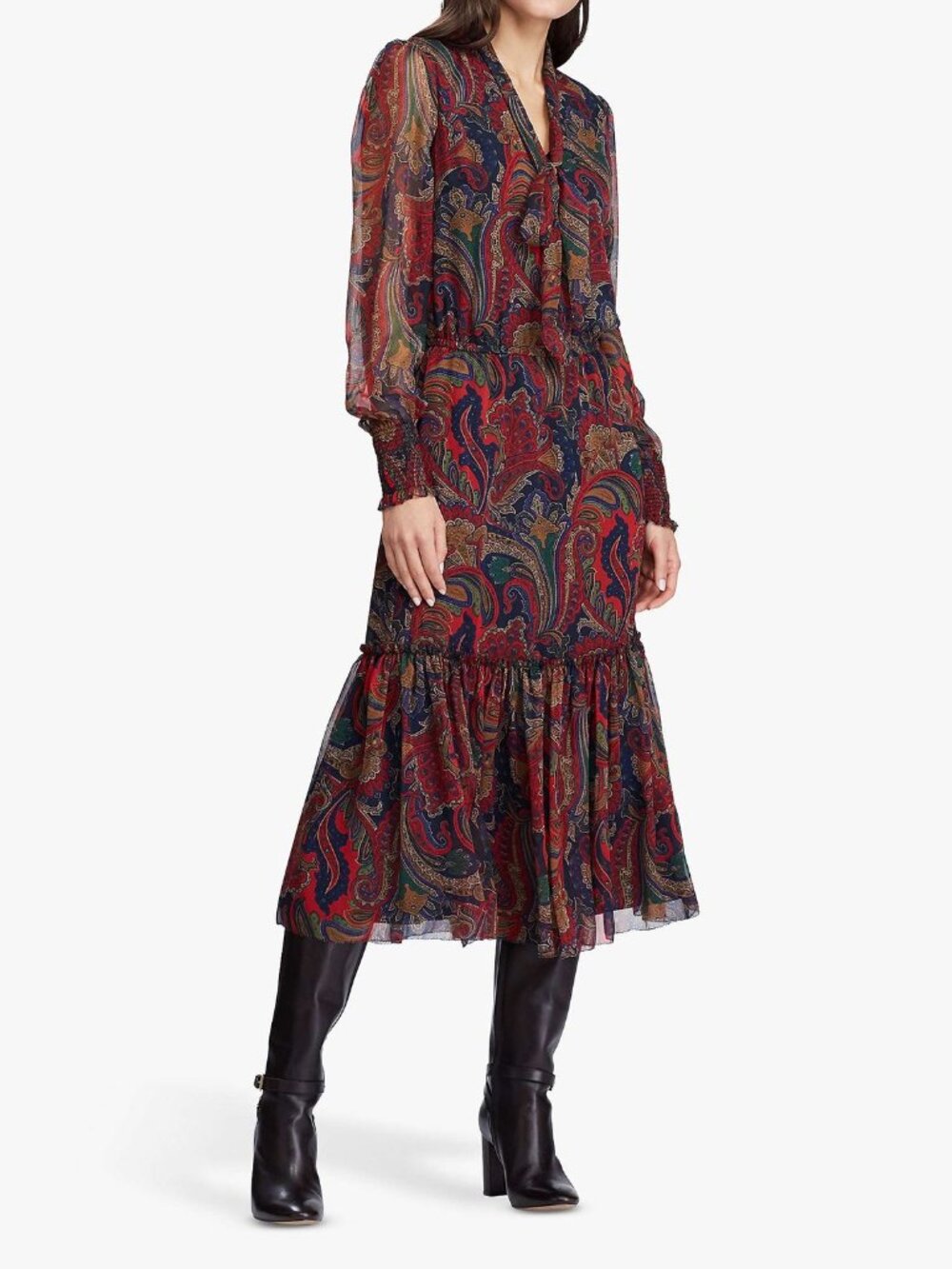 Lauren Ralph Lauren NWT  Burgundy Paisley Tie-Neck Midi Dress Size 10